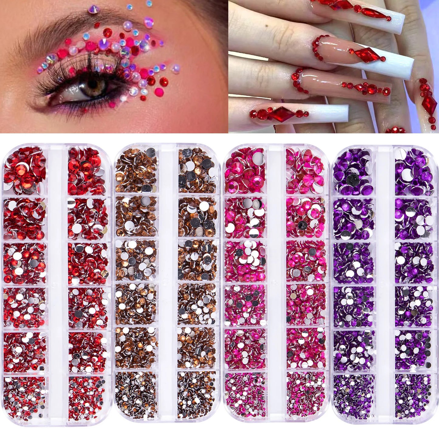 12grids Red Nail Gems Rhinestones 2/3/4/5mm Flat-Back Nail Crystal Diamond SS6/10/16/20/30 Mixed Luxury Glass Rhinestones Charms