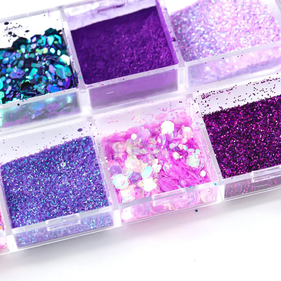 12 Grids Purple Nail Glitter Holographic Fine Sugar Nail Powder Mixed Heart Hexagon Paillette Nail Flakes Shiny Manicure Decor