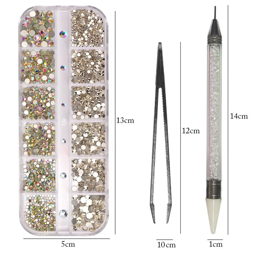 12 Grids Multi Sizes Nail Rhinestones Set Crystal AB Clear Gems with Crystal Pen Clips for DIY Nail Art Decorations