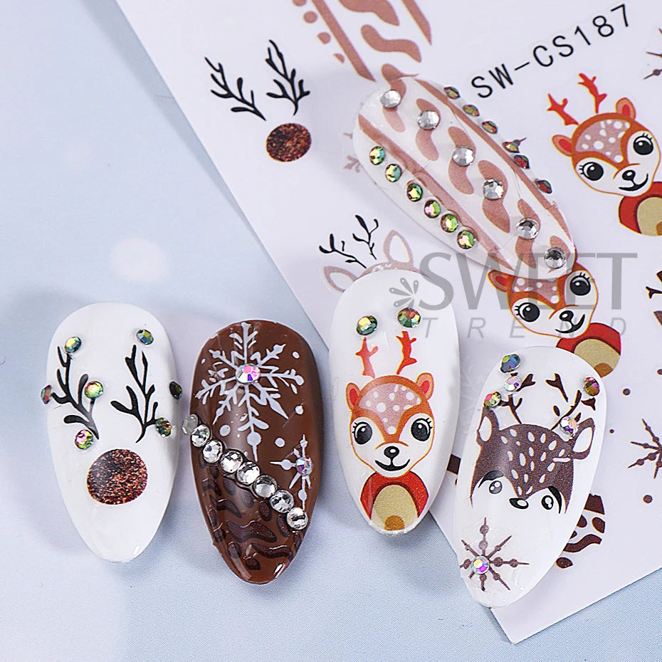 3D Christmas Nail Art Stickers Cute Cartoon Snowman Decals Reindeer Snowflake Lamp Ball Sliders Holiday DIY Manicure Decorations