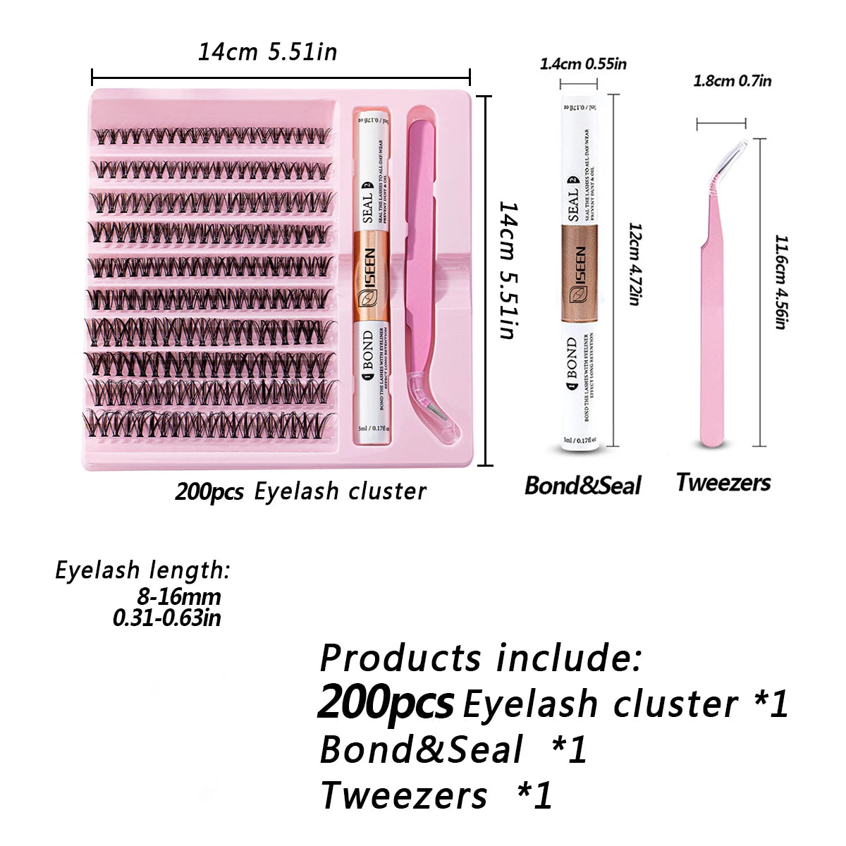 Diy Lash Extension Kit 200pcs Cluster Eyelash Extension Individual Lashes with Lash Bond and Seal  Lash Applicator(8-16mm  MIX)