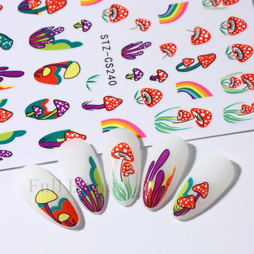 3D Nail Stickers Eyes Mushroom Flower Sliders for Nails Designs Rainbow Abstract Nail Art Adhesive Decals  Decoration STZCS240