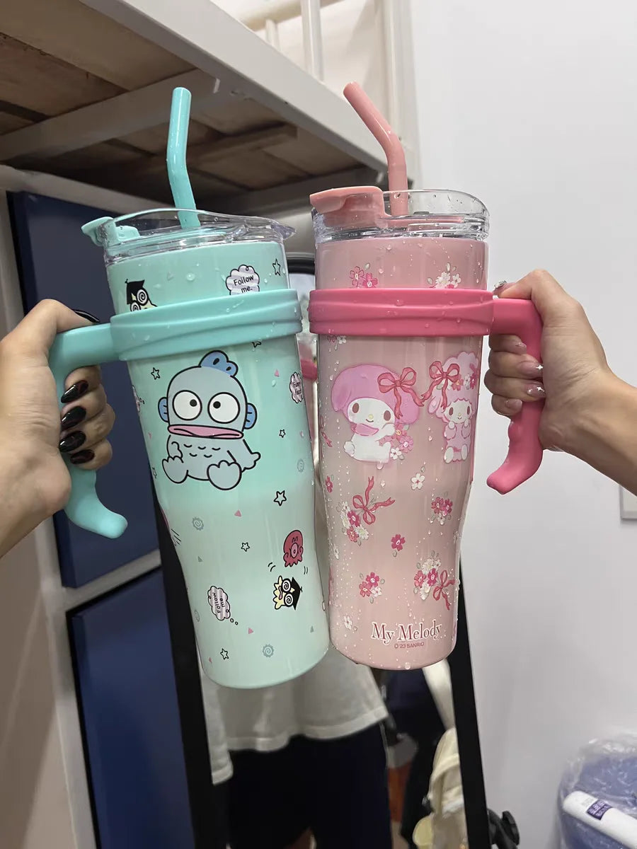 1200ml Sanrio Thermos Bottle Cute Hello Kitty Kuromi Cinnamoroll Melody Cartoon Large Capacity Straw Stainless Steel Bottle Gift