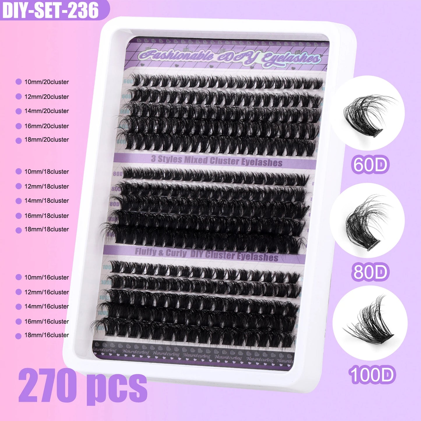 270pcs Fluffy volume False Eyelashes bond and seal lash remover kit Individual cluster 60D 80D 100D natural Eyelash extensions