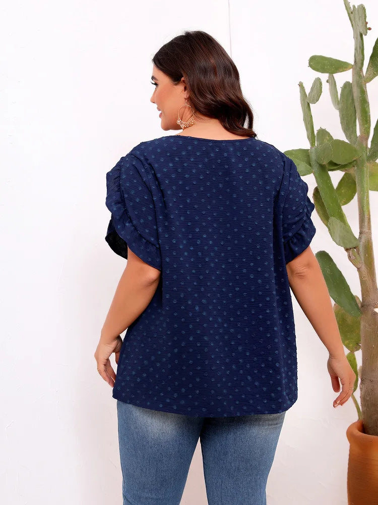 GIBSIE Plus Size Swiss Dot Ruffle Sleeve Top Blouse Women Summer Solid Casual Boho Round Neck Loose Short Sleeve Shirt Tops