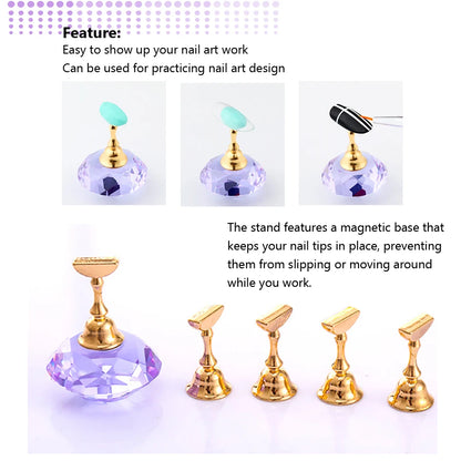 Magnetic Nail Display Stand Holder, 5 Tips Practice Training Tips, Crystal Base Nail Art Display Stand