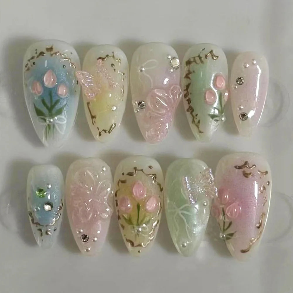 24pcs Short Almond Press on Nails 3D Flower Butterfly Fake Nails with Glue Colorful Natural Acrylic False Nails Full Cover Nails