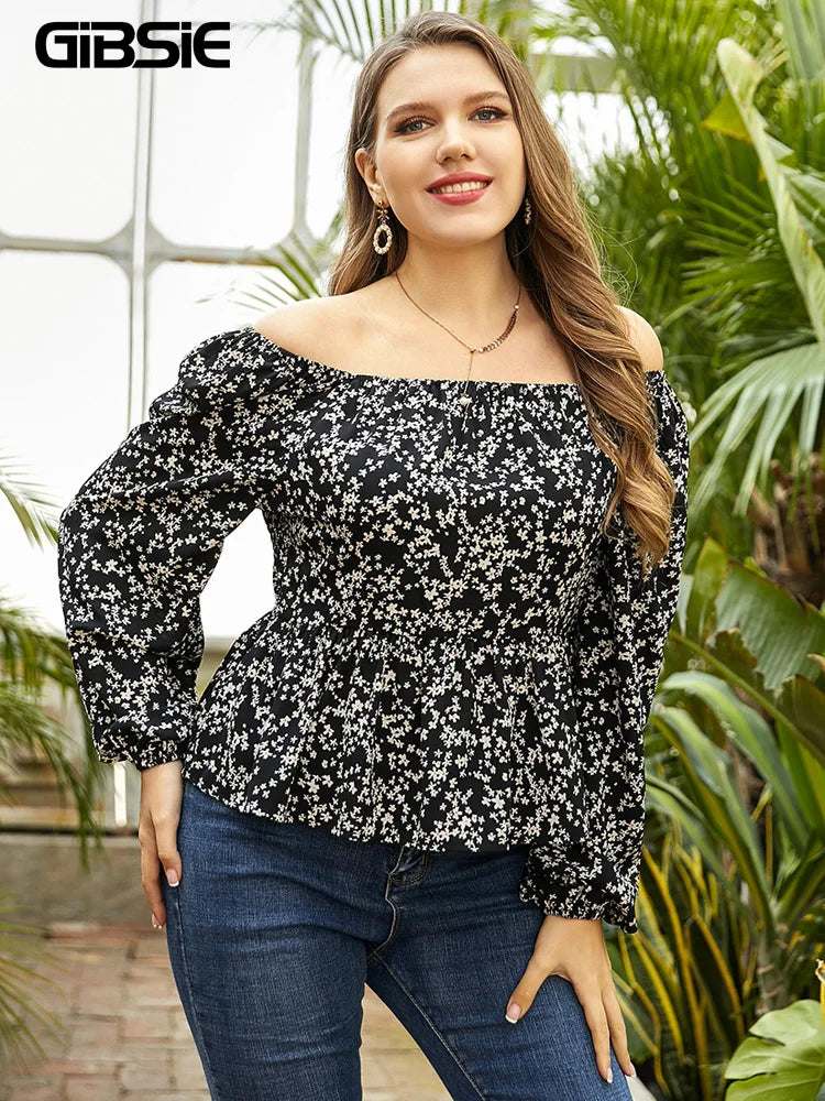 GIBSIE Floral Print Off The Shoulder Tops for Women Plus Size Peplum Blouse Long Sleeve Casual Fashion Spring Summer Fall 2023