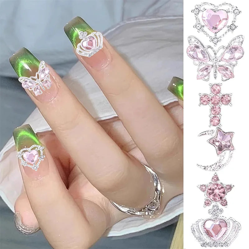 30Pcs Pink Nail Charms Alloy Rhinestones 3D Star Butterfly Heart Cross Gem Nails Crystal Diamond Nail Art Decoration Accessories