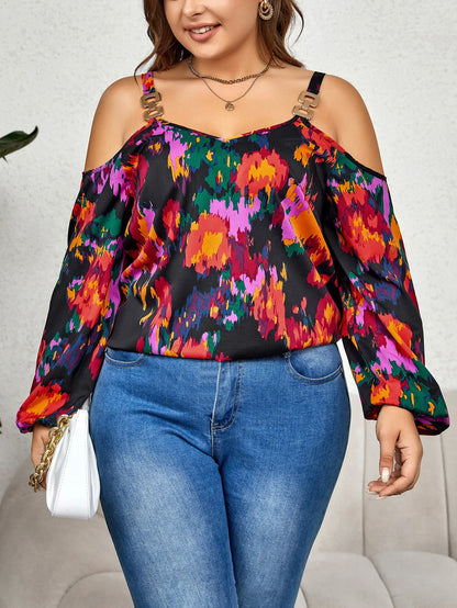 GIBSIE Plus Size Cold Shoulder V Neck Long Sleeve Print Blouses Women Fashion 2023 Spring Fall Sweet Casual Blouse Top Shirt