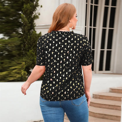 GIBSIE Plus Size Gold Print V-Neck Blouse For Women Fashion 2023 New Summer Short Sleeve Sweet Casual Streetwear Tops Blouses