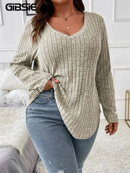 GIBSIE Plus Size Women's Casual V-Neck Long Sleeve Tees Shirt 2024 Spring Autumn Fashion Loose Ribbed Knit Tops for Women