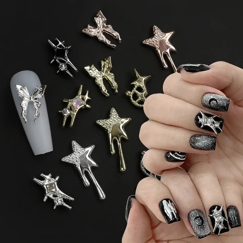 10Pcs/Bag Material Gold Silver Star Butterfly Shaped Nail Rhinestone Mixed 3D Nail Decorations DIY Nail Art Charms Accessories