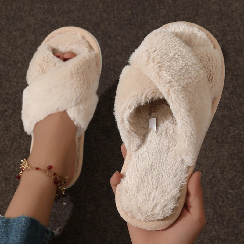 CrissCross Band Plush House Slippers for Women Open Toe Soft Sole Fuzzy Home Shoes Woman Winter Cozy Warm Indoor Floor Slippers