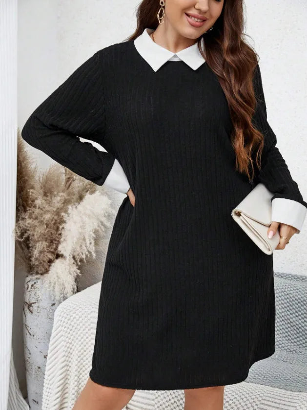 GIBSIE Plus Size Women Casual Black Rib-knit Mini Dress with White Collar Spring And Fall Long Sleeve Female Loose Dresses