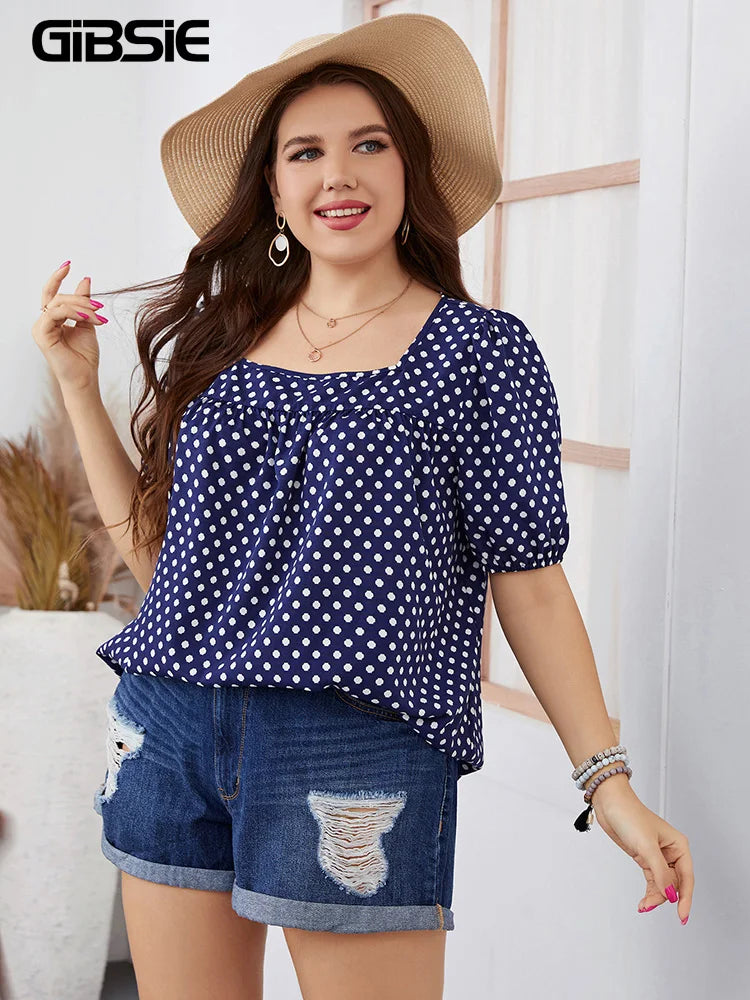 GIBSIE Plus Size Polka Dot Square Neck Puff Sleeve Top Blouse Women Boho 2024 Summer Korean Fashion Loose Blouses 3XL 4XL