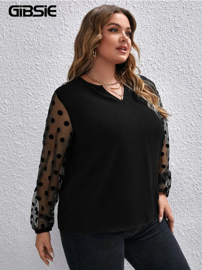 GIBSIE Plus Size Notch Neck Polka Dot Mesh Sleeve Blouse Women 2023 Winter New Black Elegant Office Ladies Tops and Blouses