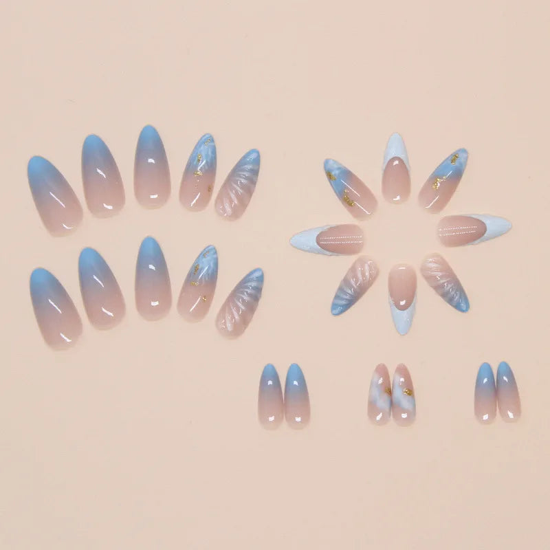 24pcs Long Almond Fake Nails with Blue Ocean Shells Designs Wearable Acrylic Fake Nails with Glue Full Cover French Nails Tips