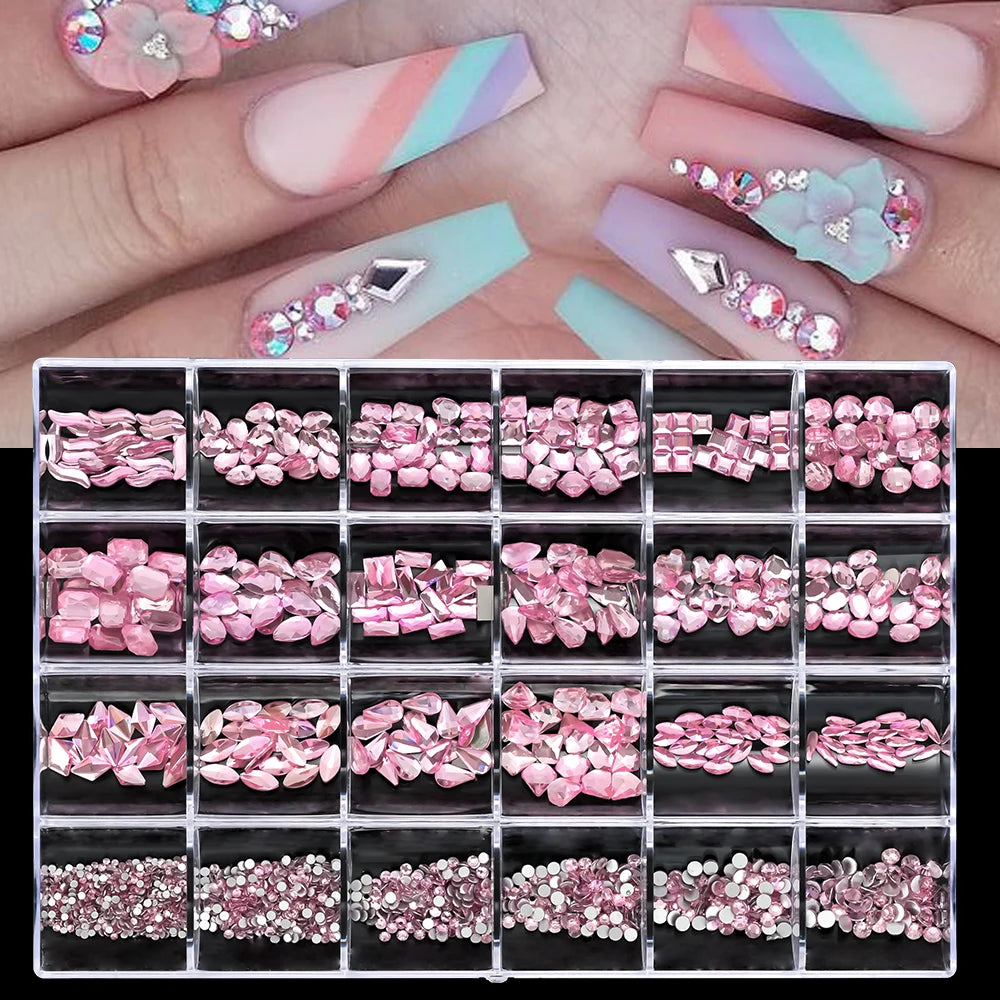 2000PCS Luxury Shiny Diamond Nail Rhinestones Pink/Gold/Black Crystal Nail Decoration Box Nail Charms Square/Round/Multi-shaped