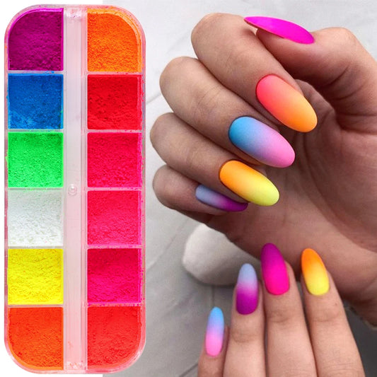 12 Colors Neon Nail Pigment Gradient Effect Fluorescent Powder Rubbing Dust Chrome Manicure Ombre Nail Art Glitter Decoration