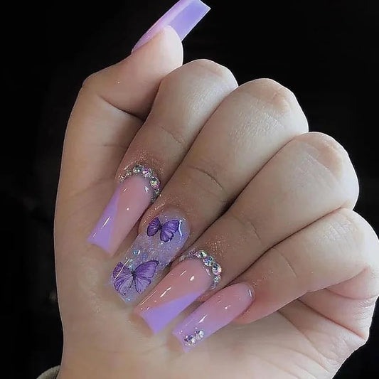 24Pcs Purple Butterfly Coffin Nails Set Press on Long Ballet False Nails with Rhinestone Wearable French Fake Nail Manicure Tips