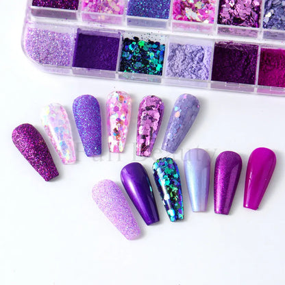 12 Grids Purple Nail Glitter Holographic Fine Sugar Nail Powder Mixed Heart Hexagon Paillette Nail Flakes Shiny Manicure Decor