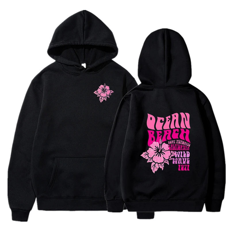 Women Fashion Casual Hoodies Ocean Beach Flower Slogan Front and Back Pink Sweatshirts Beach Aesthetic Pullover Trip Hoodie Tops