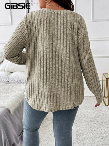 GIBSIE Plus Size Women's Casual V-Neck Long Sleeve Tees Shirt 2024 Spring Autumn Fashion Loose Ribbed Knit Tops for Women