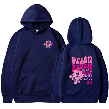 Women Fashion Casual Hoodies Ocean Beach Flower Slogan Front and Back Pink Sweatshirts Beach Aesthetic Pullover Trip Hoodie Tops