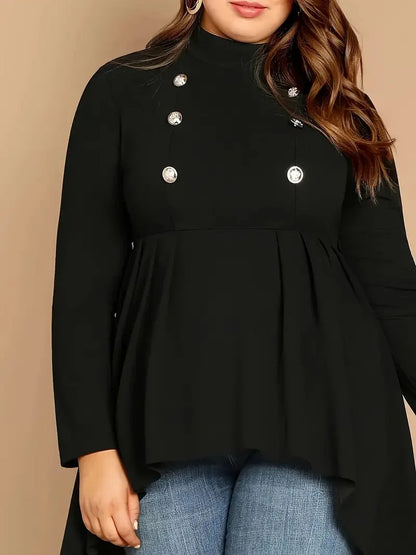 GIBSIE Plus Size Black Mock Neck Button Front Women Blouses 2024 Autumn New Fashion Long Sleeve Asymmetrical High Low Tops