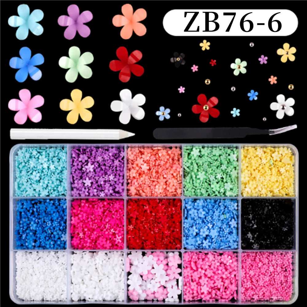 12/15Grids Acrylic Flower Nail Charms Mix Colors Set 3D Flower Nail Art Rhinestones Mixed Blossom Spring Gems DIY Nail Supplies