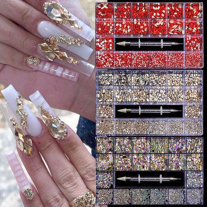 red champagne Glass Crystal Diamond Flat Rhinestone Nail Art Decoration 21 Grid Box Nails Accessories Set With 1 Pick Up Pen