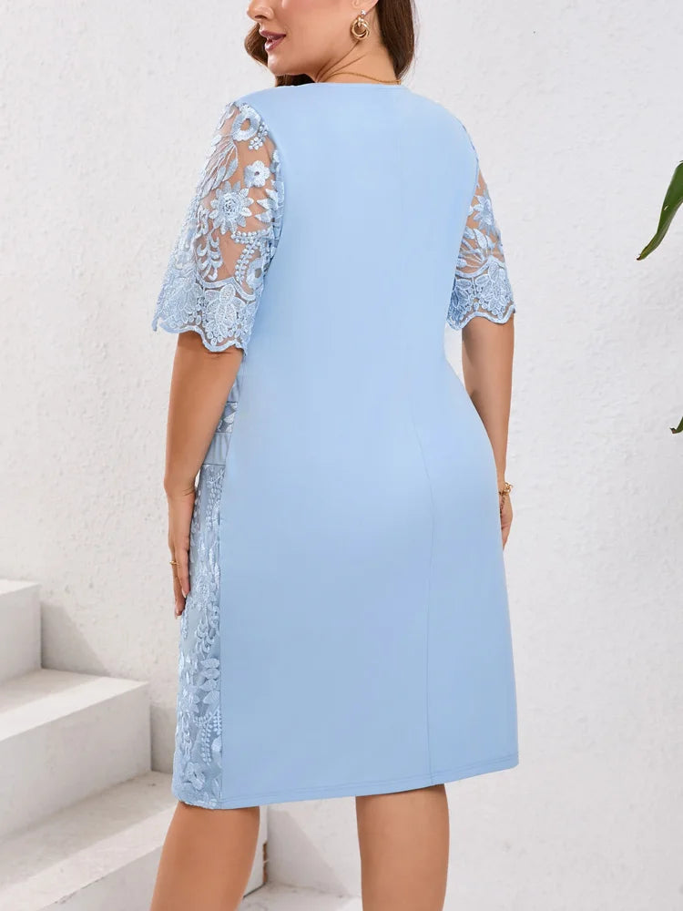 GIBSIE Plus Size Embroidered Lace Half Sleeve O-Neck Dress Women's Summer Autumn Cocktail Party Elegant Bodycon Midi Dresses