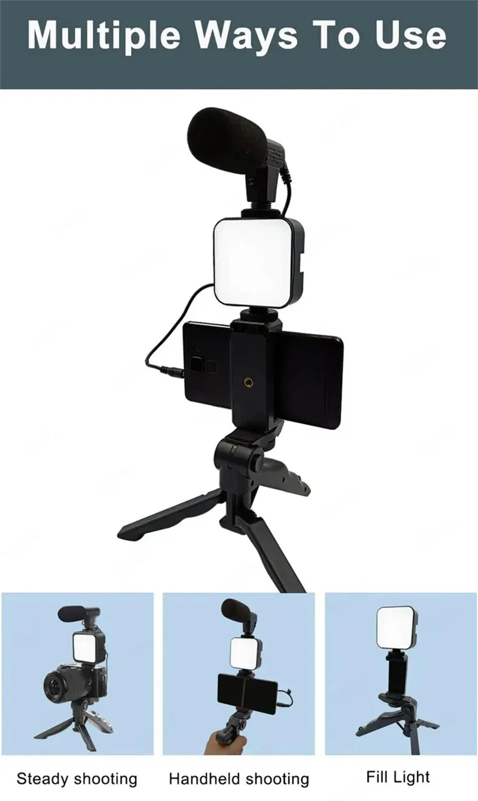 AY49 Smartphone Vlogging Kit With Tripod Phone Holder Mini Microphone LED Fill Light Starter For TikTok Live Stream Video YouTub