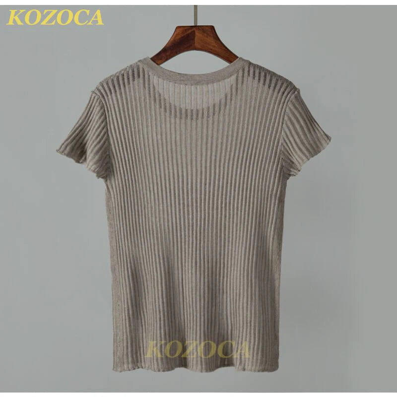 Kozoca 100% Wool Chic White Elegant Striped See Through Women Tops Outfits Short Sleeve T-Shirts Tees Skinny Club Party Clothes