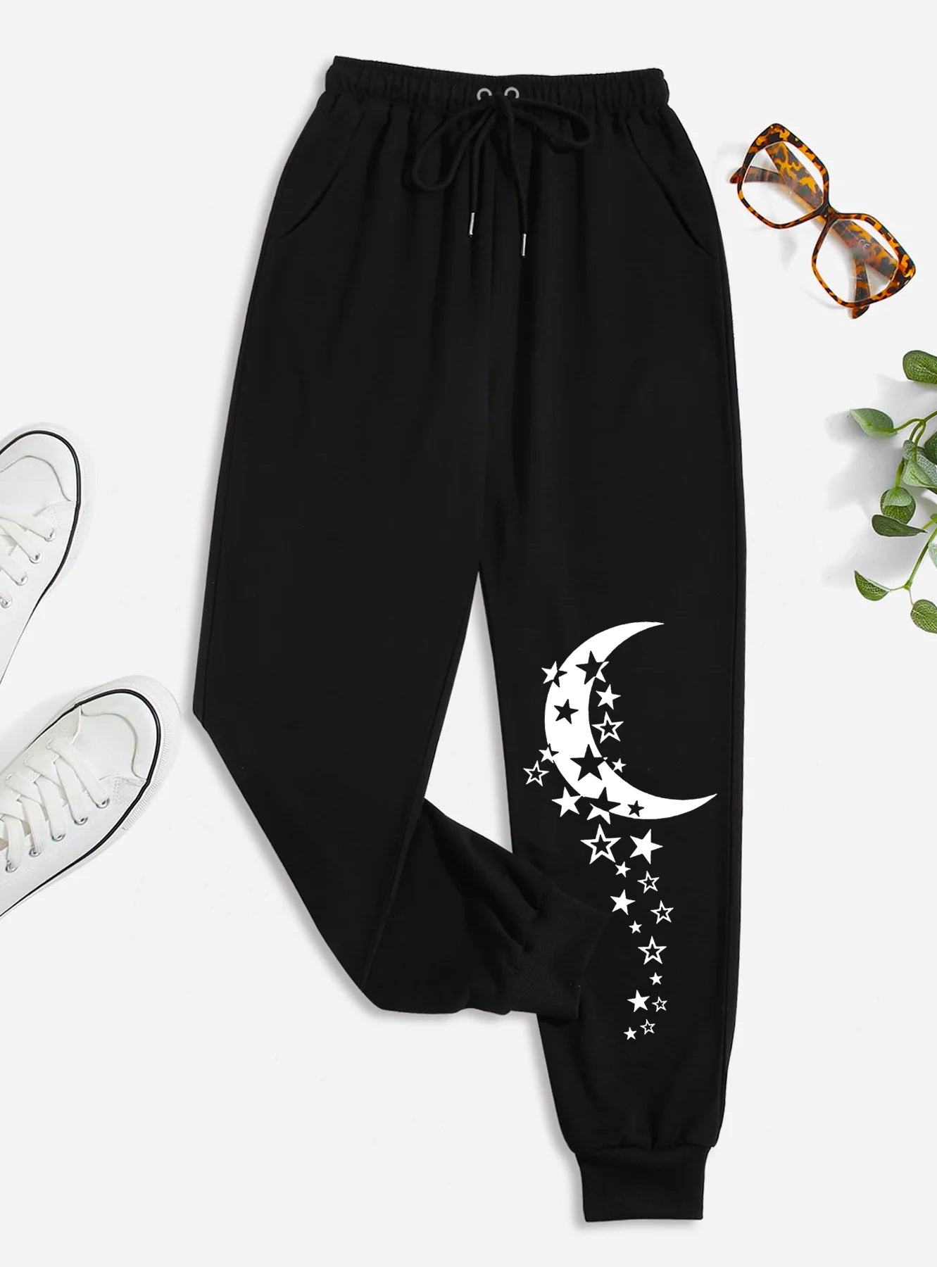 Moon printed drawstring pants, spring and autumn casual loose jogging pants, women's clothing