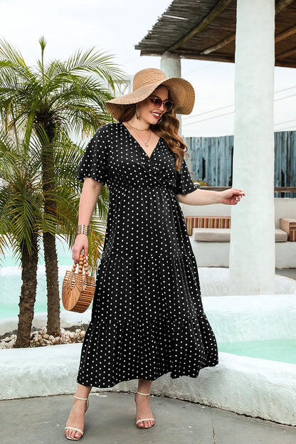 GIBSIE Plus Size Polka Dot V-Neck Butterfly Sleeve Dress Women Summer 2024 Holiday Beach Vintage Ruffle Hem Maxi Long Dresses