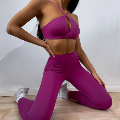 CUTIES Wrap Front Fitness Yoga Set Women Luxury Scrunch Booty Leggings Workout Clother Purple Sport Bra Gym Sport Suit Tracksuit