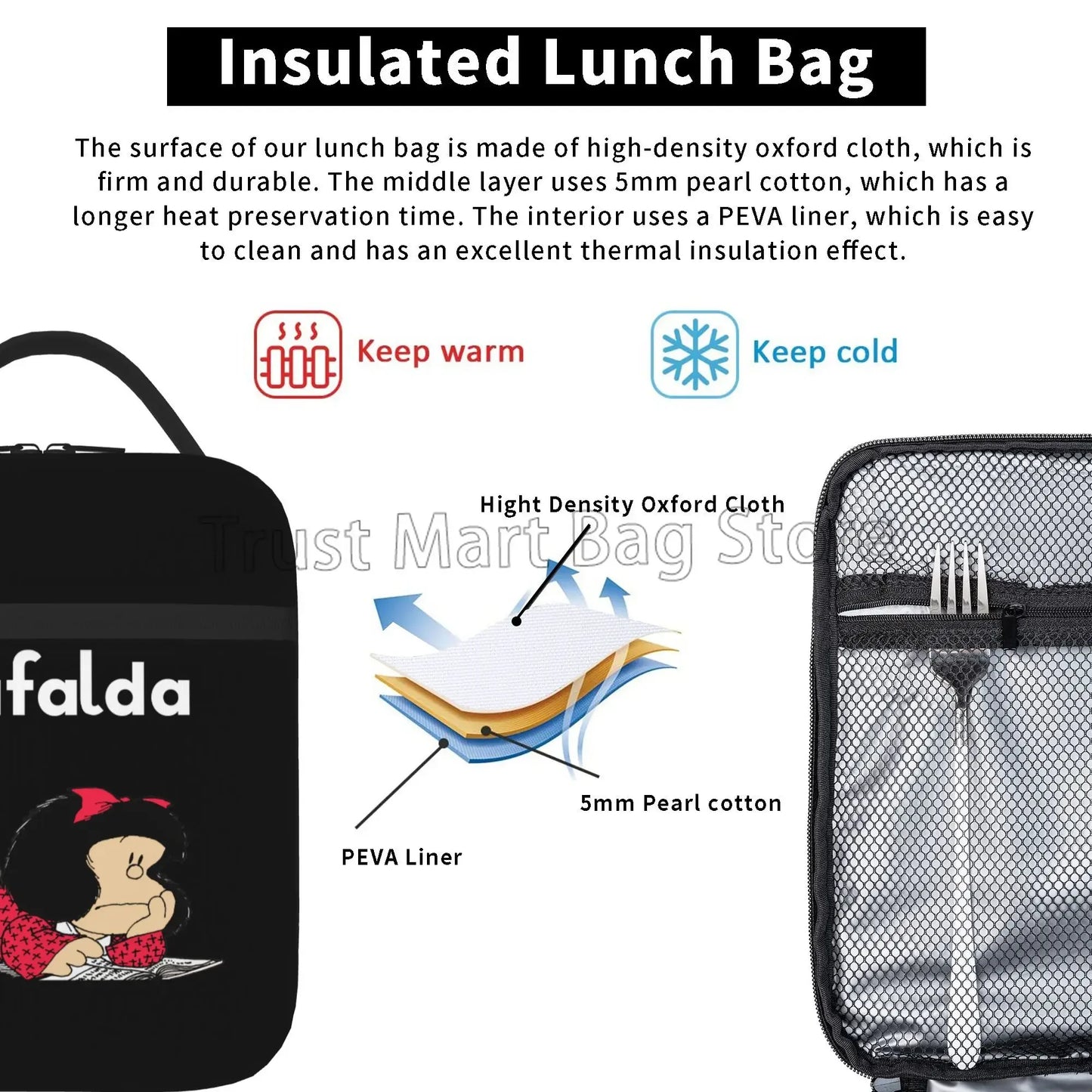 Funny Mafalda Insulated Lunch Bag for Women Kids Resuable Cooler Thermal Lunch Box Portable Bento Tote for Work School Picnic