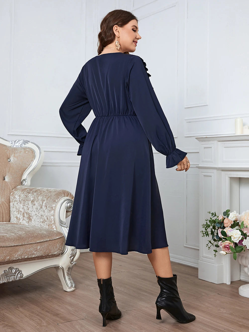 GIBSIE Plus Size Solid Button Front Frill Trim Midi Dresses Women Spring Fall Casual Long Sleeve Female Elastic A-Line Dress