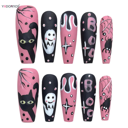 Handmade Halloween Press on Nails Pink Black Long Coffin Fake Nails White Ghost Black Cat Spider Star Designs Party Nails Patch