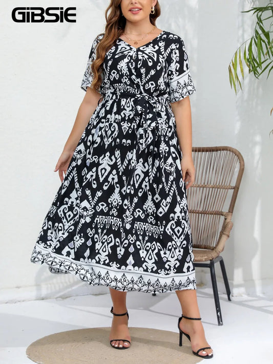 GIBSIE Plus Size Ethnic Print Belted Maxi Dress Women 2024 Spring Summer Short Sleeve Holiday Boho Beach Elastic A-Line Dresses