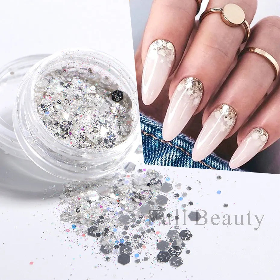 6pcs Champagne Rose Nail Glitter Flakes Mixed Hexagon Sequins Powder Fall Winter Mermaid Paillette Nail Decorations LA1539-52