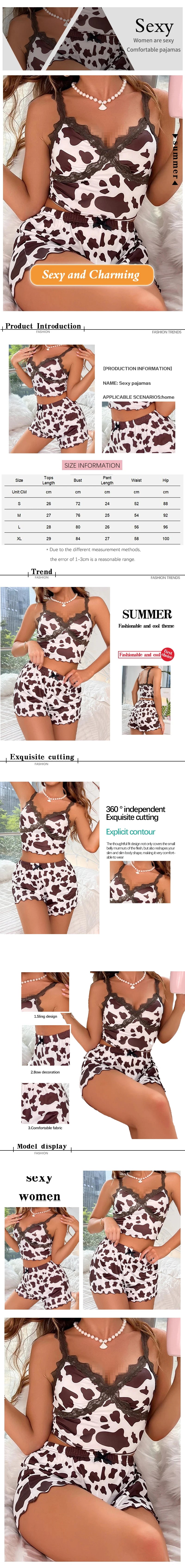 New Women's Printed Sleeveless V-Neck Camouflage Contrasting Lace Spaghetti Strap Top with Shorts Pajama Set