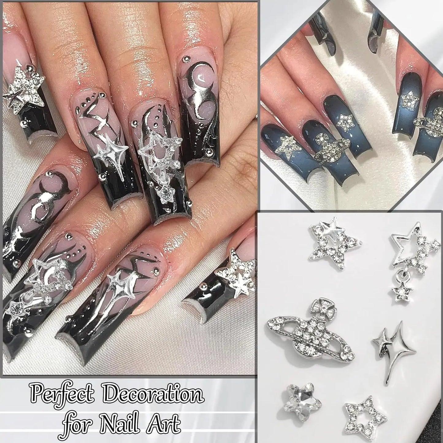 30PCS Silver Star Nail Charms 3D Planet Nail Art Charms Rhinestone Shiny Starlight Nail Jewelry Gems Y2K Charms for Acryl