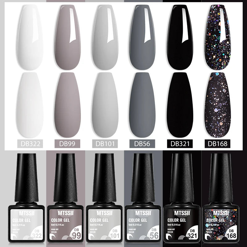 6Pcs Gray Gel Nail Polish Set Moonlight Colors Gel Semi Permanent Varnish Soak Off UV Gel Nail Art Manicure Base Top Coat Kit