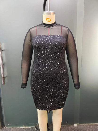 GIBSIE Plus Size Mock Neck Mesh Long Sleeve Glitter Dress Women Autumn Sexy Club Party Elegant Bodycon Mini Dresses 2024 New