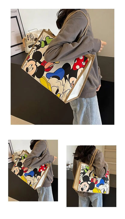 Disney Mickey Cartoon Cute Canvas Shoulder Bag Large Capacity Tote Bag Women's Fashion Mummy Bag Leisure Travel