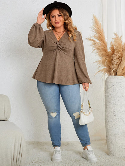 GIBSIE Plus Size Casual V Neck Twist Front Peplum Top Women Fashion 2023 Autumn New Vintage Full Lantern Sleeve Tunic Blouse