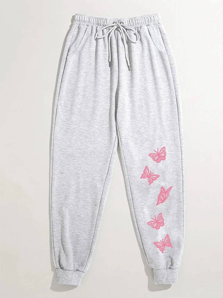 Butterfly Graphic Print Joggers Sweatpants, Sports Solid Pants For Spring & Fall, Women's Clothing